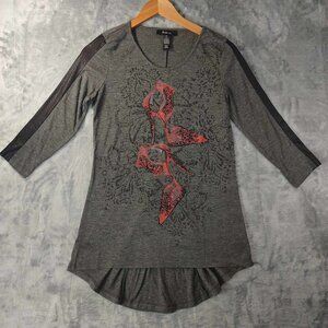 Style & Co. Women's S‎ Grey High Low Beaded Shirt Red Ruby Slipper Witchy